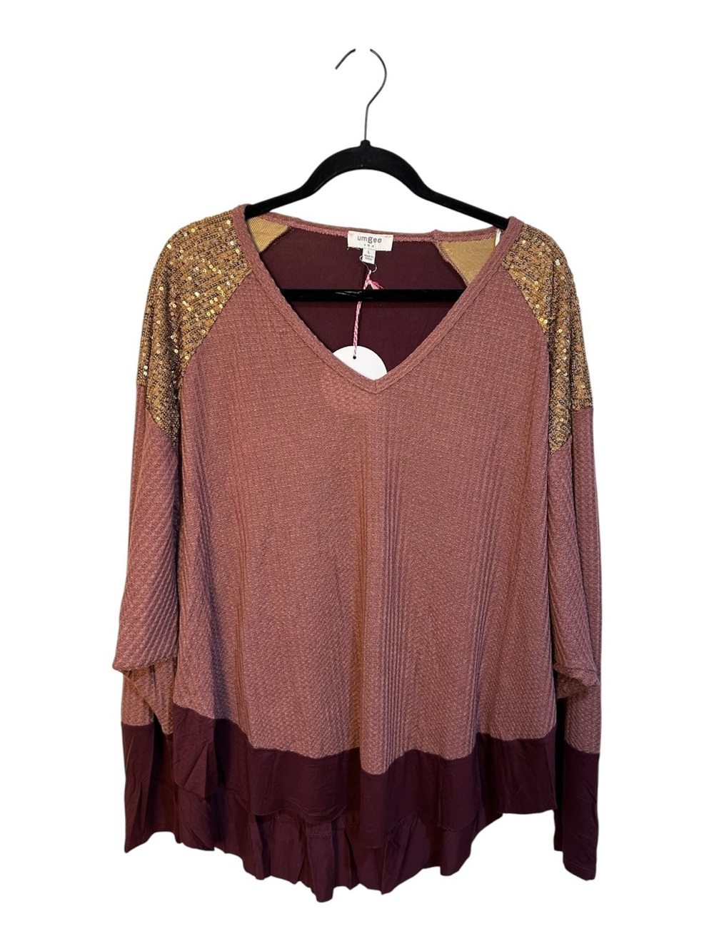 Umgee Mauve Pink V-Neck Long Sleeve Top with Gold Sequin Shoulders